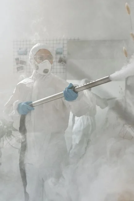 A man cleaning a glass barrier outdoors with a squeegee, surrounded by greenery.